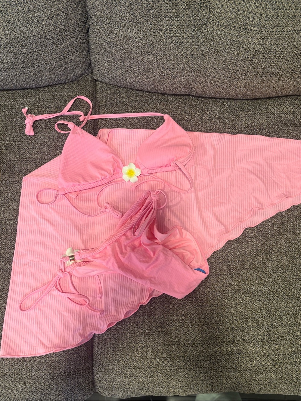 Pink Ribbed Triangle Bikini Set with Tie-Side Bottoms and Sarong